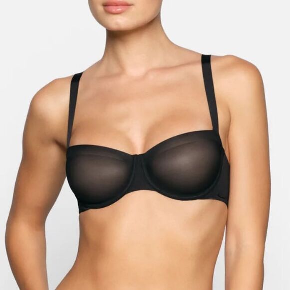 NWT SKIMS No Show Molded Unlined Balconette Sexy Sheer Lingerie In Onyx Black - Picture 1 of 8